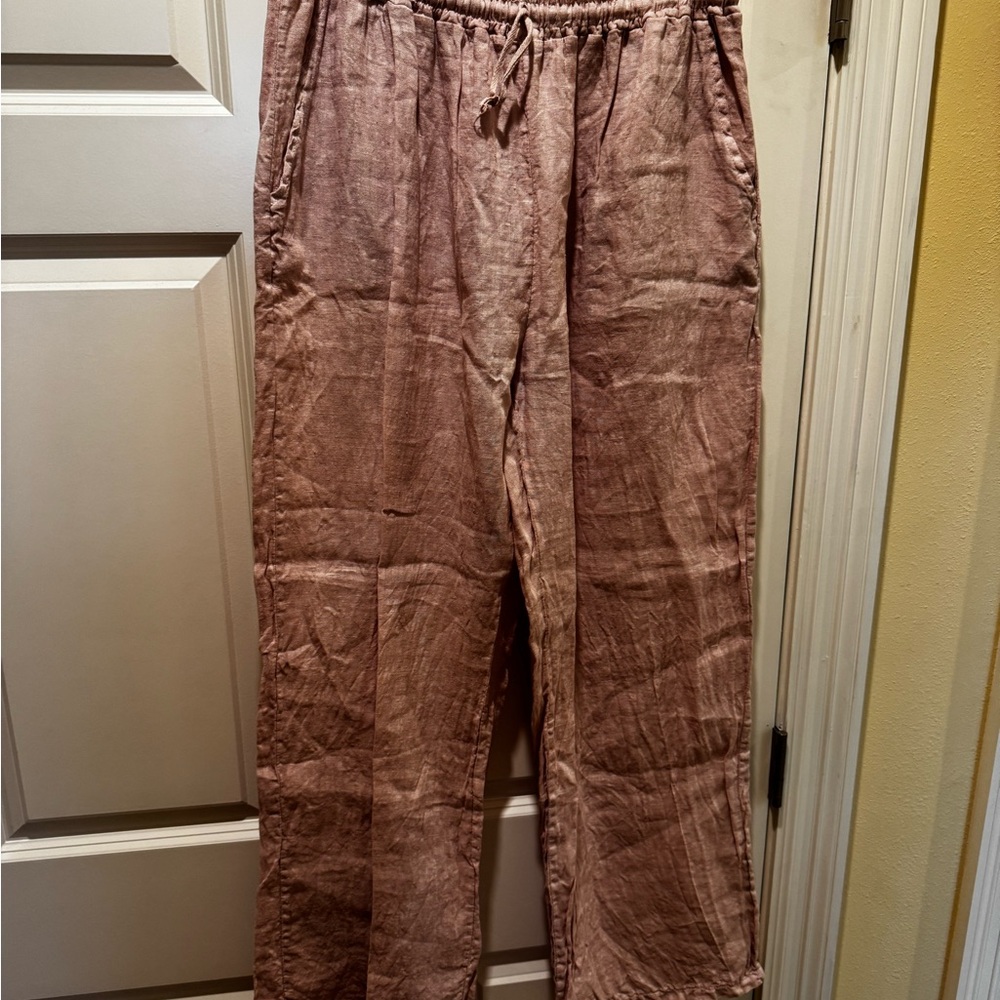 Puro Lino XL Women's Pink Wide linen Leg Pants in Relaxed Fit